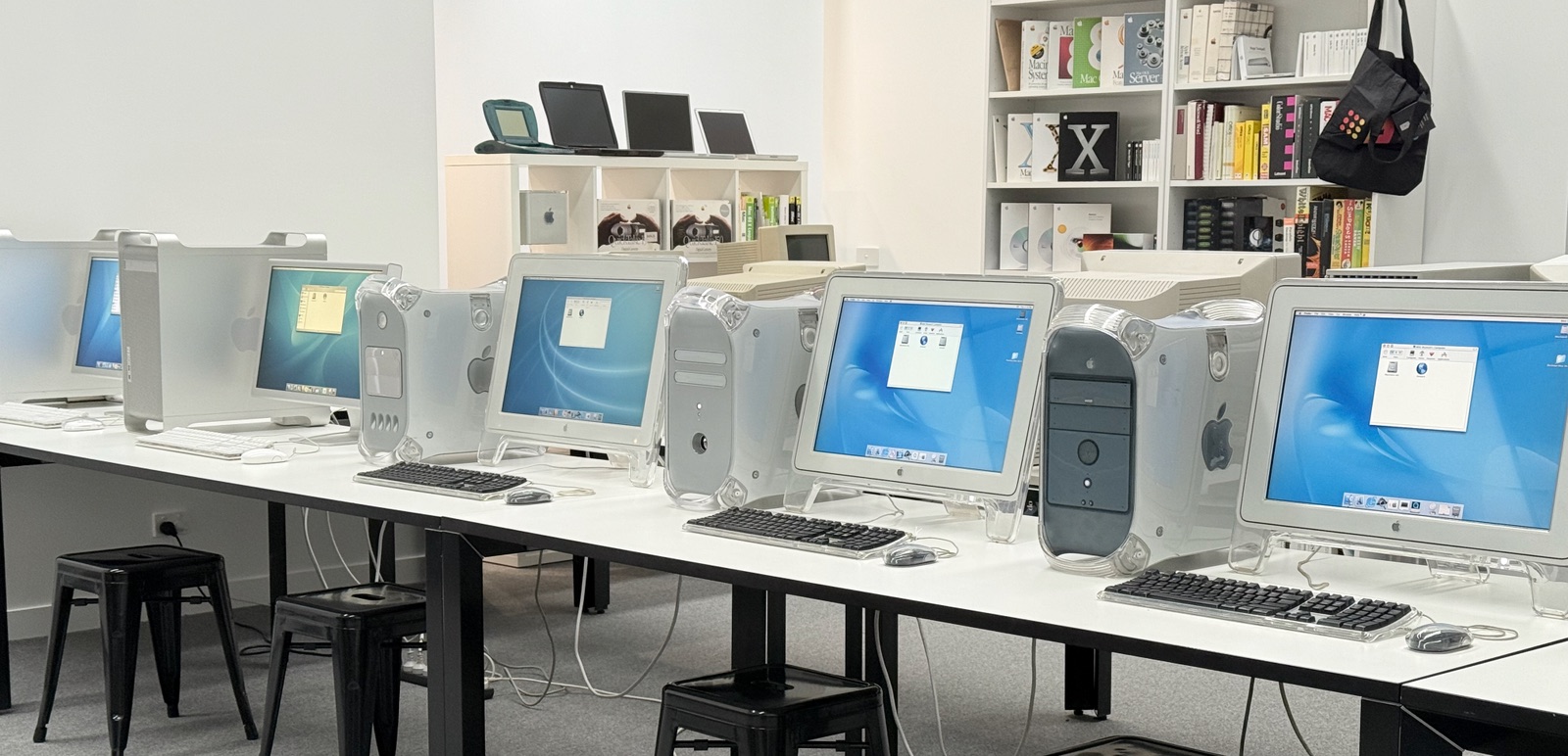 Power Mac G4 systems and Apple displays set up in the museum